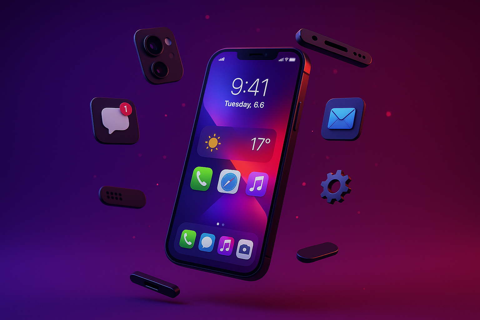 Genrate a picture of an phone and its features are floting in the air the immage shoule be in combination for voilat and red colour