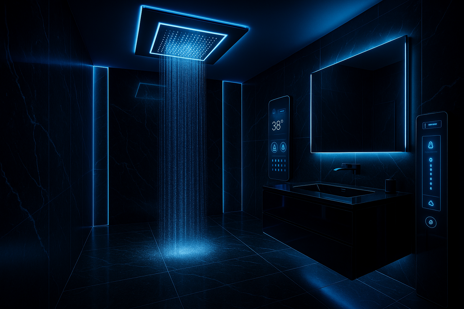 Genrate a picture of an ultra luxurious bathroom with shower fitted in sealing and futuristing controll pannel for the controll of all the water and the immage should be in blue and black color