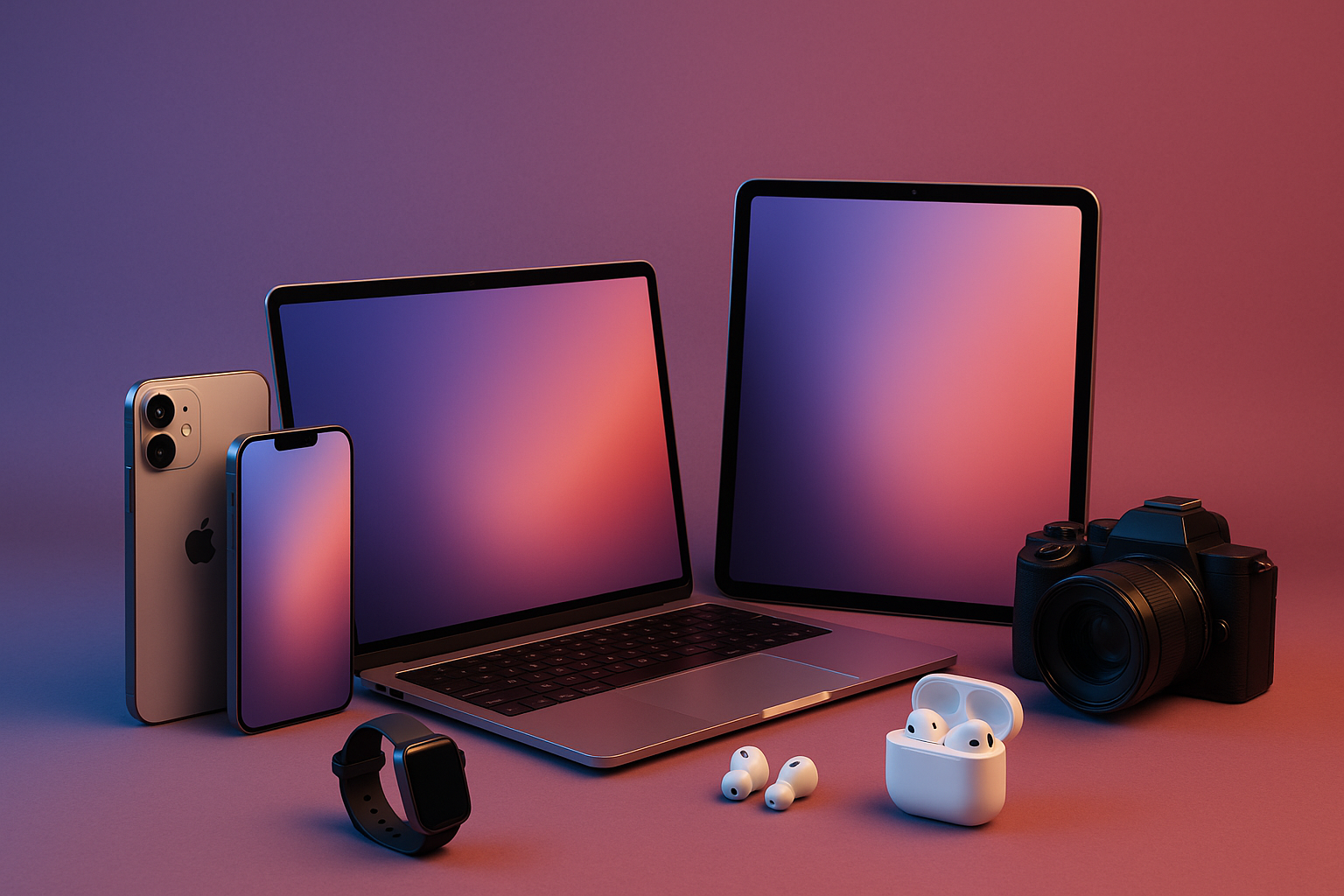 Genrate an elegant pictuire of electronic gadgets in which the Background colour should be voilet in one top corner and its faiding towards middle and the other bottom corner should be red and faiding towards middle