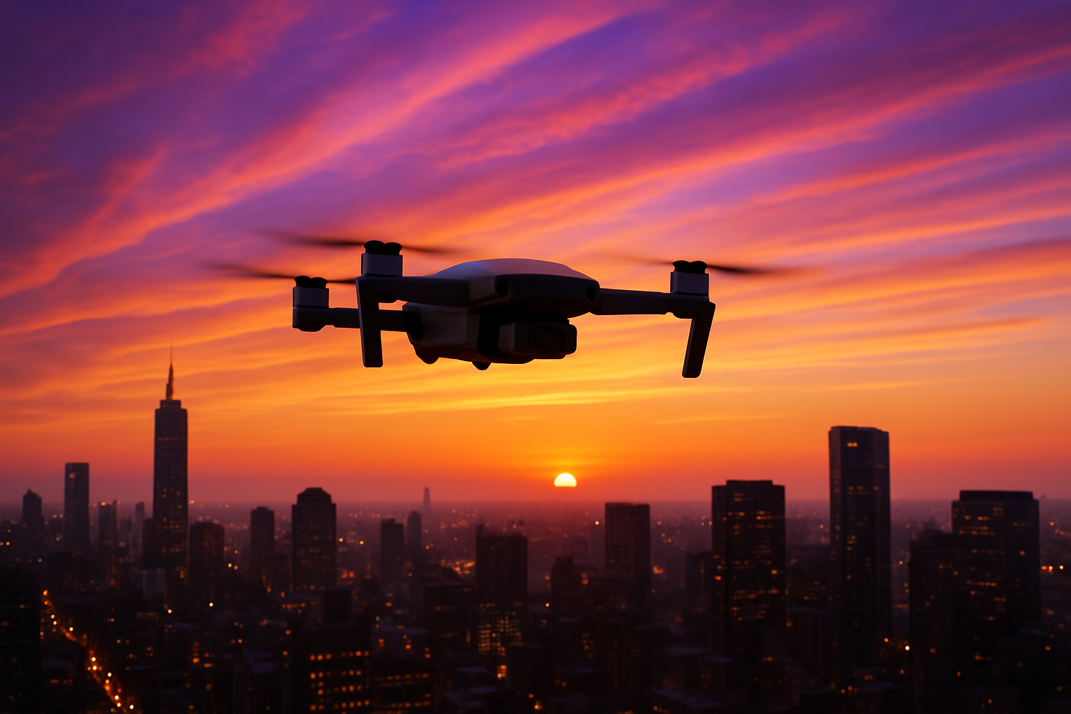 Genrate an immage of an mini drone flying on an city the sun is setting and the clour should be a mix of voilet and yellow