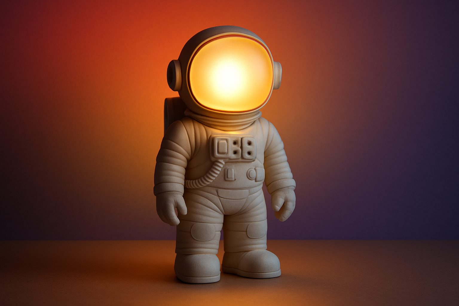 Genrate an immage of astronot lamp and the background should like the top corner in red colour and faiding towards middle and the the otherside bottom corner colour should be in voilet color and its faiding toward middle and the middle bottom should be yellow in colour and faiding towards middle the immage should be less then 1.5 mb