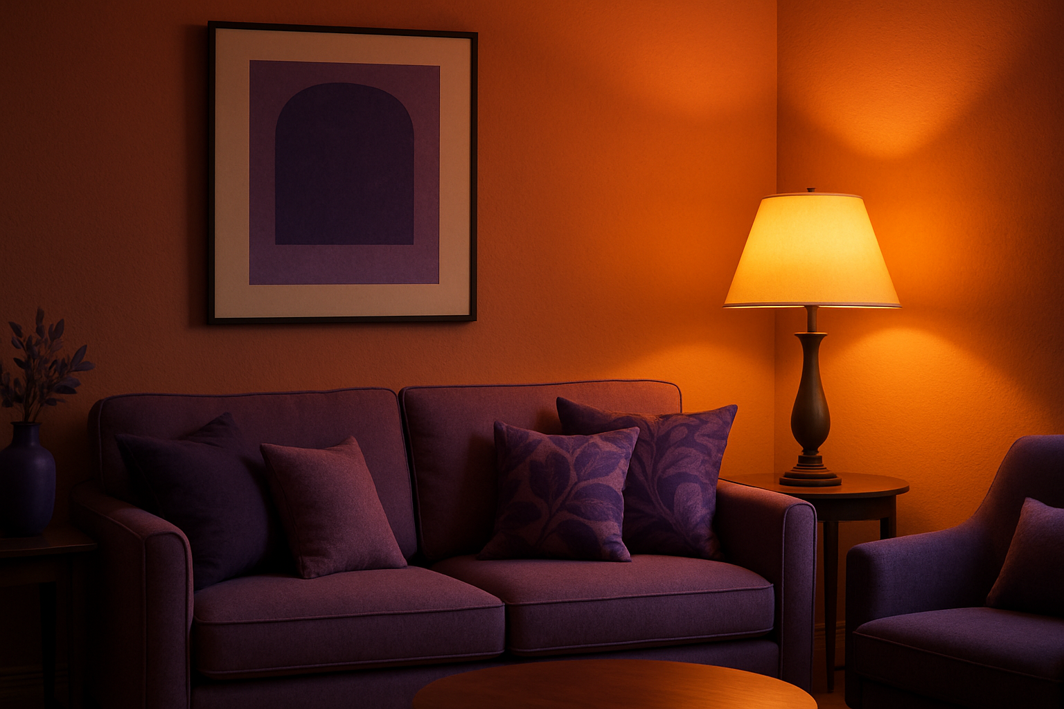 Genrate an picture of home wall and an sexxy lam is placed besite the couch the colir of the lamp light is yellow and the immage colour should be orange and voilet mix